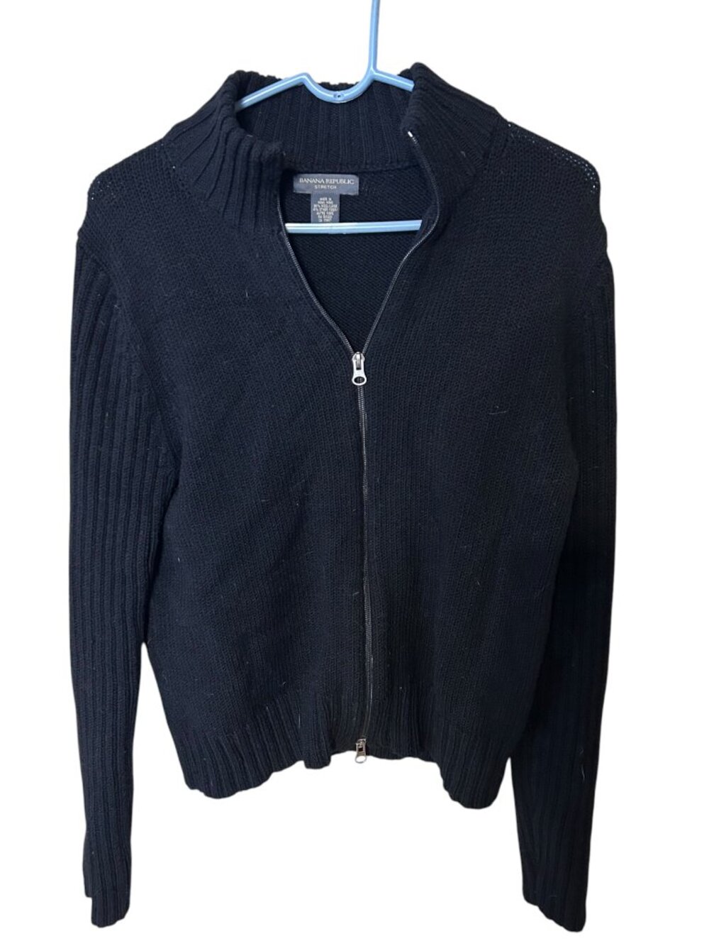 Y2K Banana Republic Stretch Wool Zip Up Sweater Black Funnel Neck Women's XL